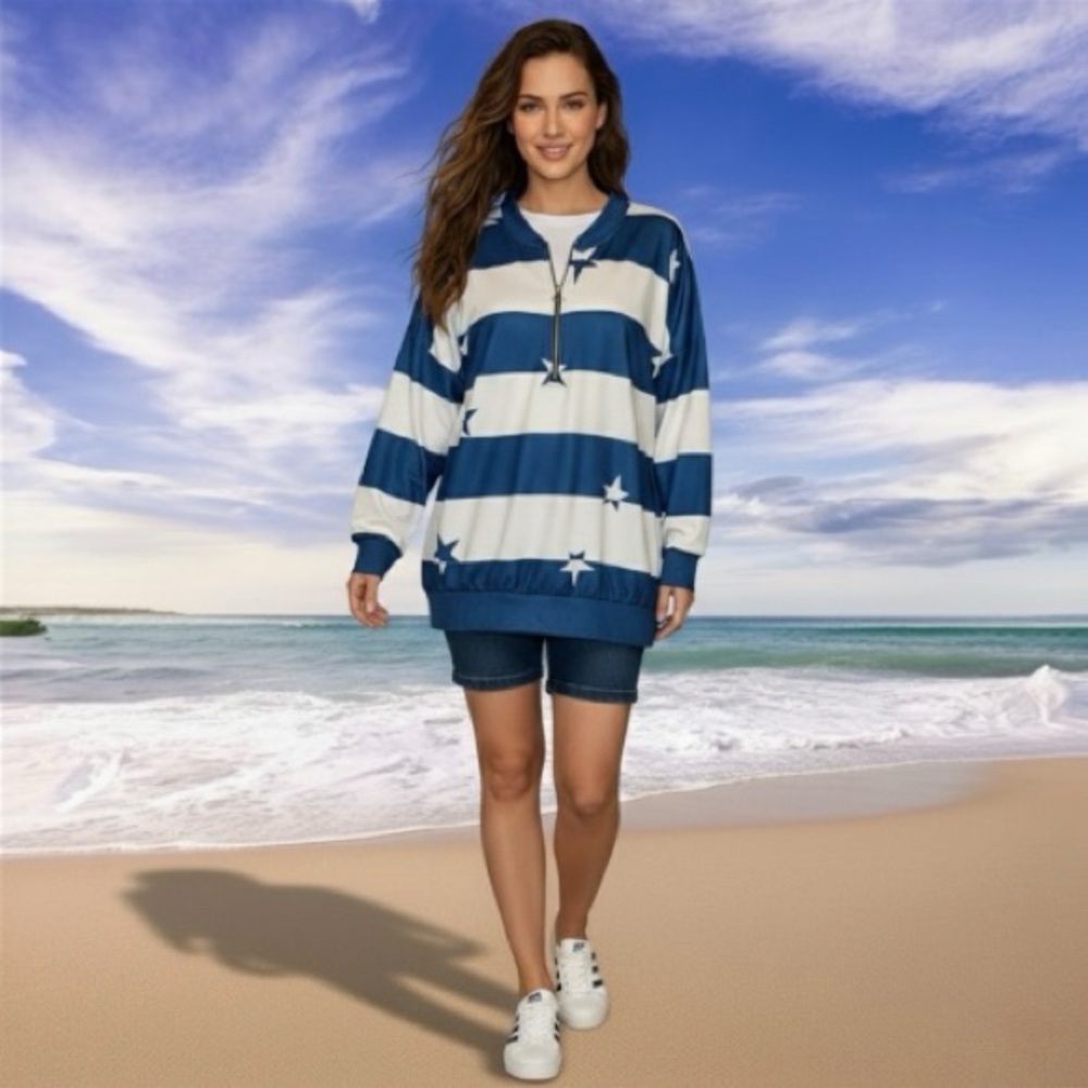 SHEILAY Top NWOT Blue/White Nautical Stars Stripes Print Quarter-Zip Women’s M